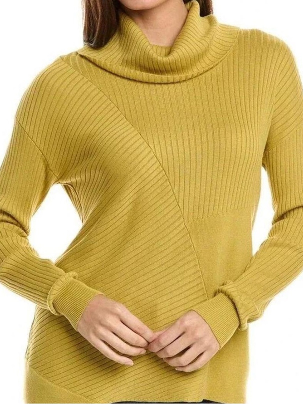 CAbi Chartreuse Asymmetrical Ribbed Turtleneck Sweater Top